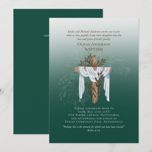 Klassieke Elegant BAPTISM nodigt Emerald Green uit (Voorkant / Achterkant)