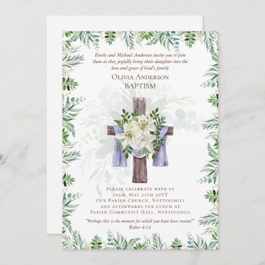 Klassieke Elegant BAPTISM nodigt Greenery Lilys ui (Voorkant / Achterkant)