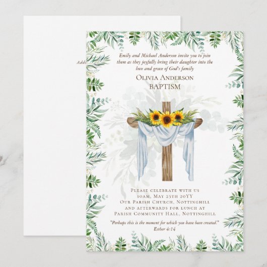 Klassieke Elegant BAPTISM nodigt Greenery Zonneblo (Voorkant / Achterkant)