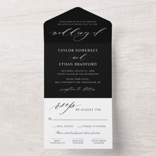 Klassieke Elegant Black en White Wedding All In One Uitnodiging (Binnen)
