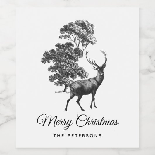 Klassieke Elegant Black White Toile Deer in Forest Wijn Etiket (Enkel label)