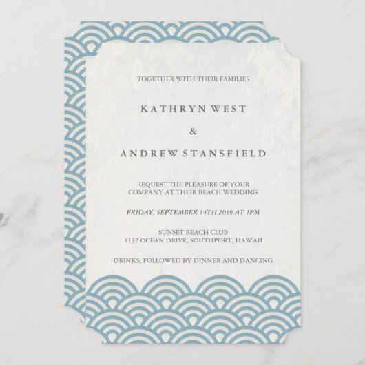 Klassieke elegant blauw en wittebeach bruiloft kaart (Voorkant / Achterkant)