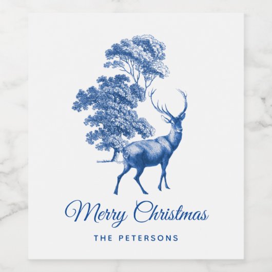 Klassieke Elegant Blue Toile Deer in Forest Wijn Etiket (Enkel label)