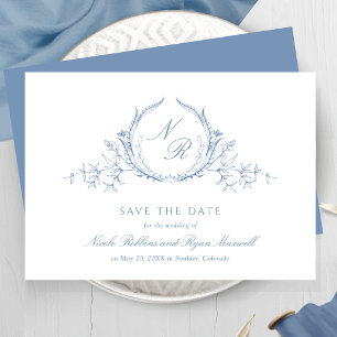 Klassieke, Elegant Dusty Blue Monogram Wedding Save The Date