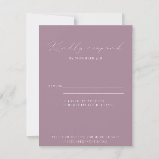 Klassieke Elegant Dusty Paars Script Wedding RSVP Kaartje (Voorkant)