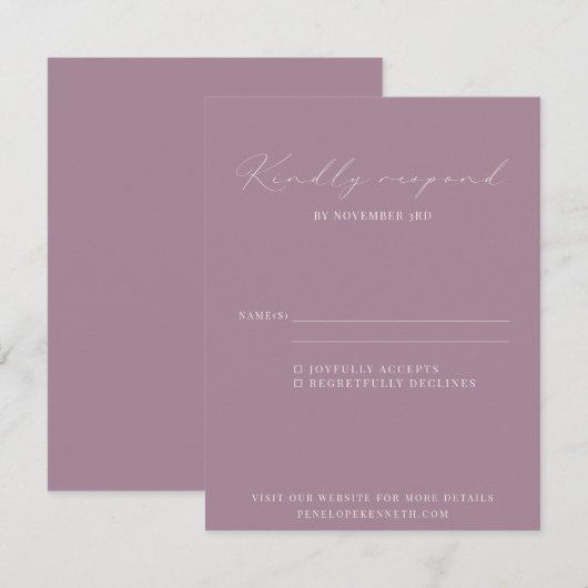 Klassieke Elegant Dusty Paars Script Wedding RSVP Kaartje (Voorkant / Achterkant)