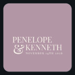 Klassieke Elegant Dusty Paarse Custom Wedding Name Vierkante Sticker<br><div class="desc">Klassieke Elegant Dusty Paarse Typografie Aangepaste bruiloft Names Square Sticker</div>