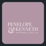 Klassieke Elegant Dusty Paarse Custom Wedding Name Vierkante Sticker<br><div class="desc">Klassieke Elegant Dusty Paarse Typografie Aangepaste bruiloft Names Square Sticker</div>