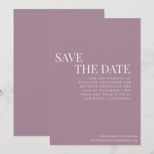 Klassieke Elegant Dusty Paarse Typography Wedding Save The Date (Voorkant / Achterkant)