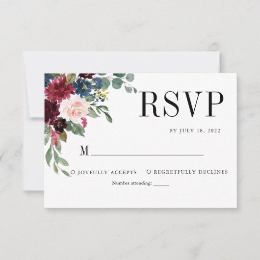 Klassieke Elegant Floral Burgundy Navy Blue Weddin RSVP Kaartje (Voorkant)