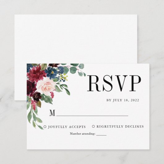 Klassieke Elegant Floral Burgundy Navy Blue Weddin RSVP Kaartje (Voorkant / Achterkant)