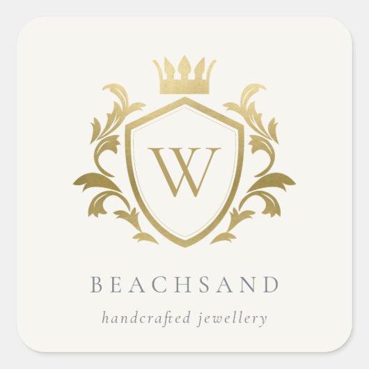 Klassieke Elegant Gold Monogram Floral Crown Crest Vierkante Sticker (Voorkant)