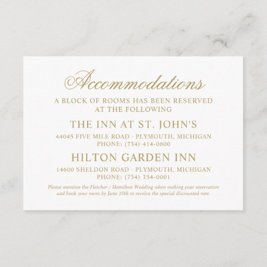 Klassieke Elegant Gold Wedding Accommodations Informatiekaartje (Voorkant)