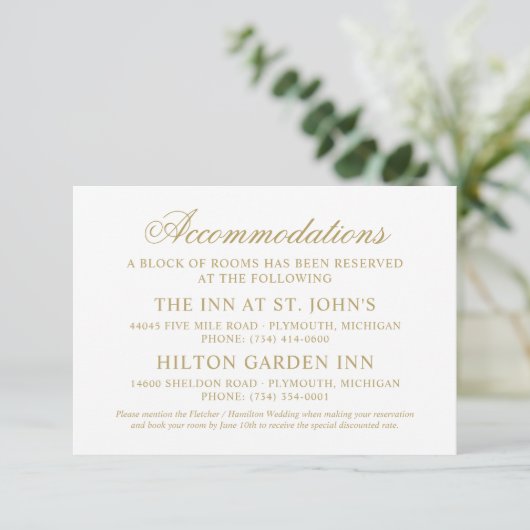 Klassieke Elegant Gold Wedding Accommodations Informatiekaartje (Staand voorkant)