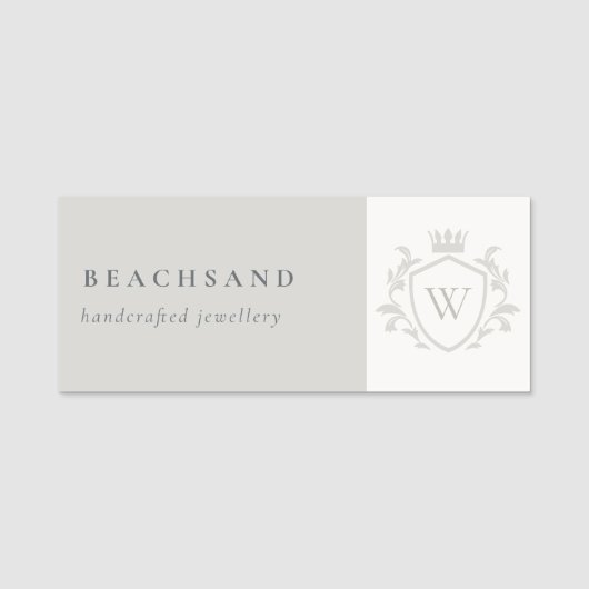 Klassieke Elegant Gray Monogram Floral Crown Crest Naamplaatje (Voorkant)