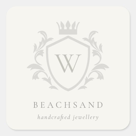 Klassieke Elegant Gray Monogram Floral Crown Crest Vierkante Sticker (Voorkant)