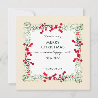 Klassieke Elegant Green Red Winter Foliage Kerstmi Feestdagenkaart