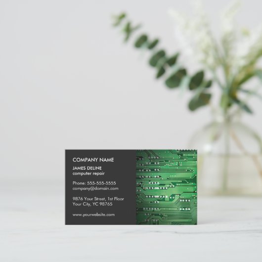 Klassieke Elegant Grey Green Circuit Computer Repa Visitekaartje (Staand voorkant)