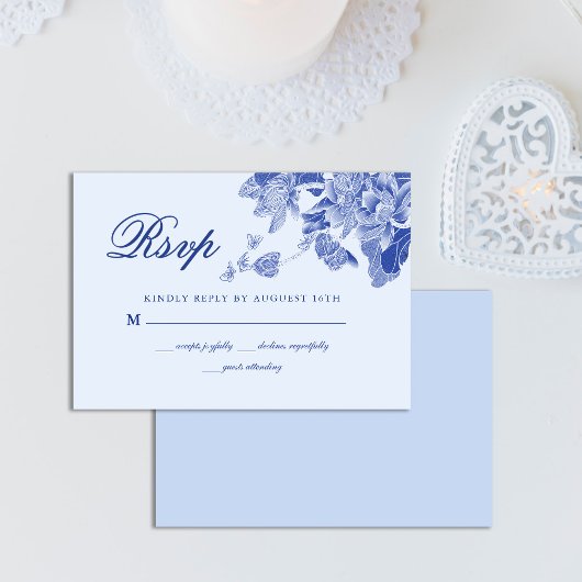 Klassieke Elegant Light Blue White Floral Wedding RSVP Kaartje