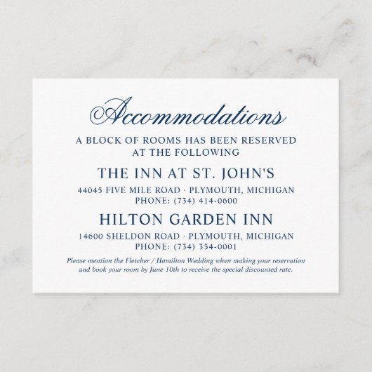 Klassieke Elegant Navy Blue Wedding Accommodations Informatiekaartje (Voorkant)