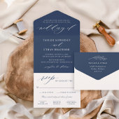 Klassieke Elegant Navy Blue Wedding All In One Uitnodiging
