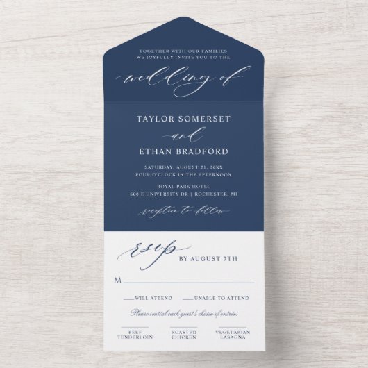 Klassieke Elegant Navy Blue Wedding All In One Uitnodiging (Binnen)