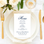 Klassieke Elegant Navy Blue Wedding Menu<br><div class="desc">Het formele marineblauwe ontwerp van de huwelijkskaart kenmerkt mooie typografie die een traditioneel bloeiend kalligrafieschrift met klassieke blokletters combineert. Bevat een decoratief scroll design accent. De aangepaste tekst kan worden gepersonaliseerd met een monogram van de namen van de bruid en bruidegom en trouwdatum, evenals de dinermenu-details voor de trouwdag. Shop...</div>