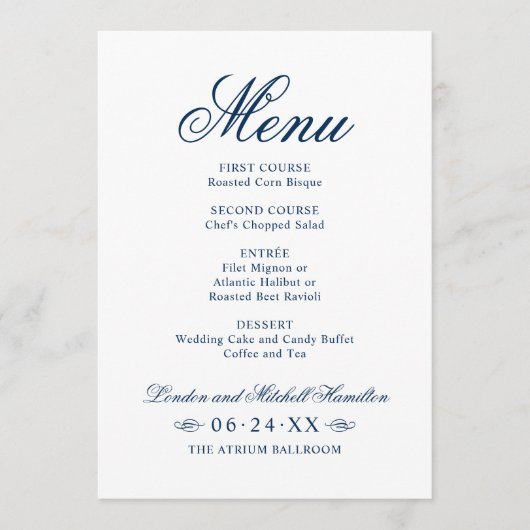 Klassieke Elegant Navy Blue Wedding Menu (Voorkant)