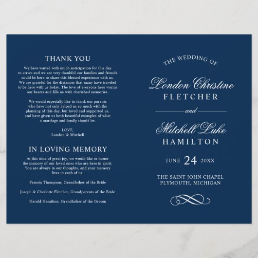 Klassieke Elegant Navy Blue Wedding Programma's (Voorkant)