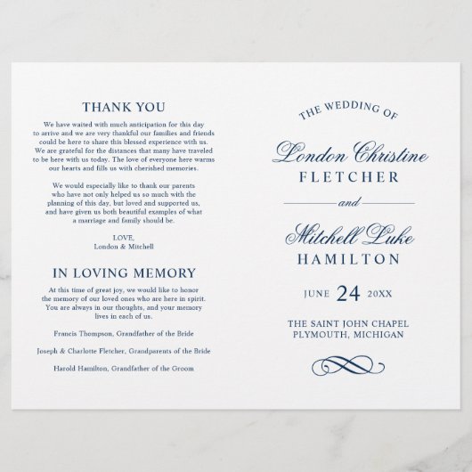 Klassieke Elegant Navy Blue Wedding Programma's (Voorkant)