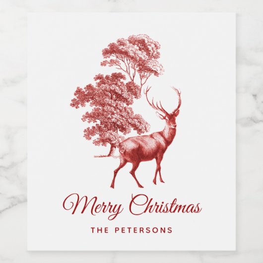 Klassieke Elegant Red French Toile Deer in Forest Wijn Etiket (Enkel label)