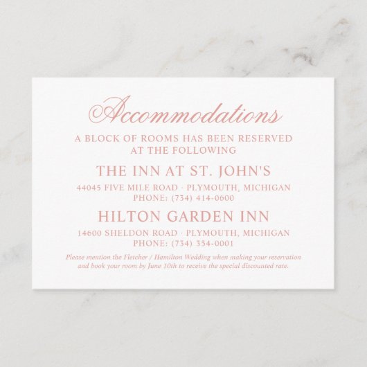 Klassieke Elegant Roos Gold Wedding Accommodations Informatiekaartje (Voorkant)