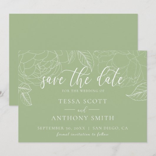 Klassieke Elegant Sage Green Script Weddenschap Save The Date (Voorkant / Achterkant)