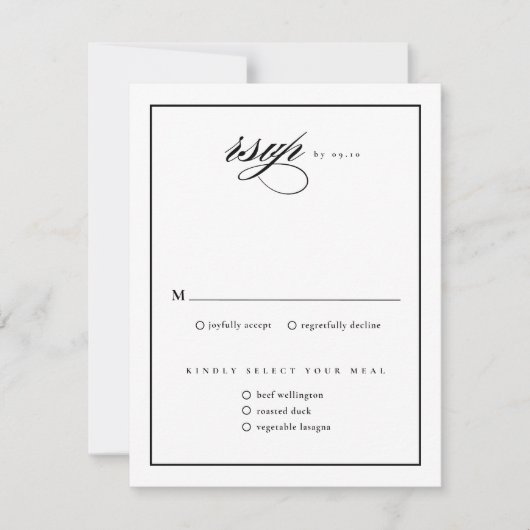 Klassieke Elegant Script Black and White Wedding RSVP Kaartje (Voorkant)