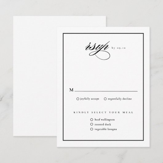 Klassieke Elegant Script Black and White Wedding RSVP Kaartje (Voorkant / Achterkant)