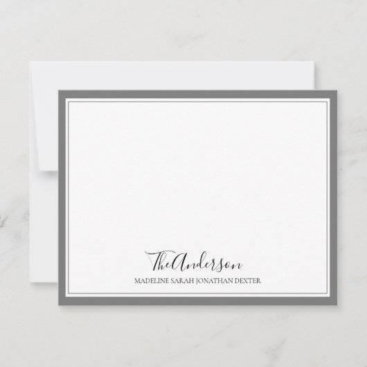 Klassieke Elegant Script Family Grey Square Border Notitiekaartje (Voorkant)