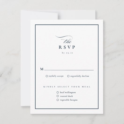 Klassieke Elegant Script Navy Blue Wedding RSVP Kaartje (Voorkant)