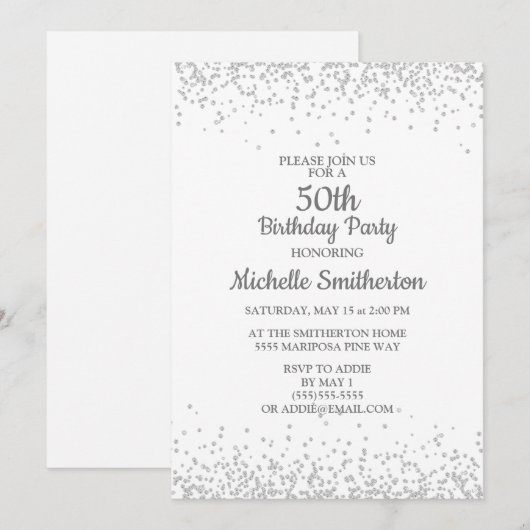 Klassieke Elegant White Silver Glitter 50th Birthd Kaart (Voorkant / Achterkant)