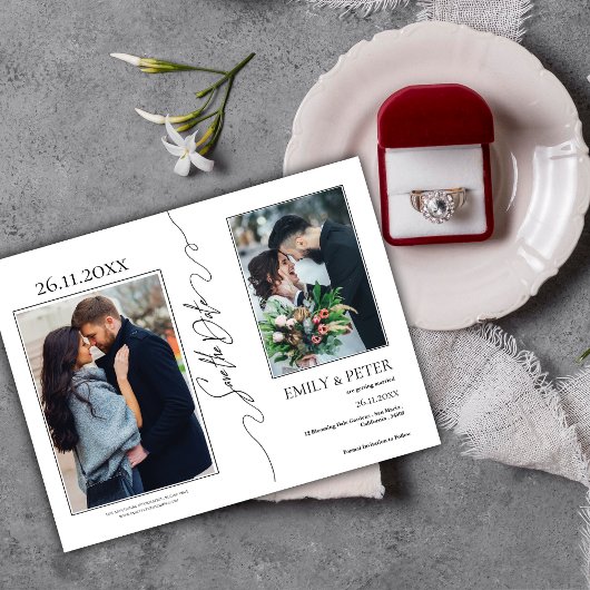 Klassieke Elegante 3 Foto Bruiloft Save the Date Aankondigingskaart