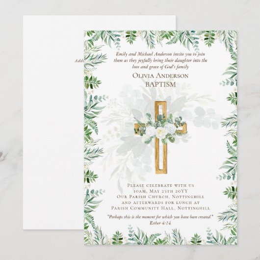 Klassieke elegante BAPTISM nodigt witte rozen goud (Voorkant / Achterkant)