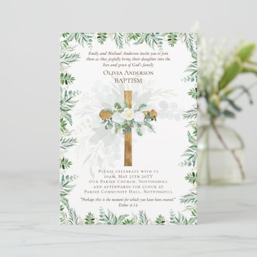 Klassieke elegante BAPTISM nodigt witte rozen goud (Staand voorkant)