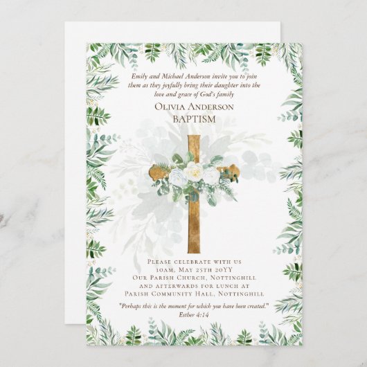 Klassieke elegante BAPTISM nodigt witte rozen goud (Voorkant / Achterkant)