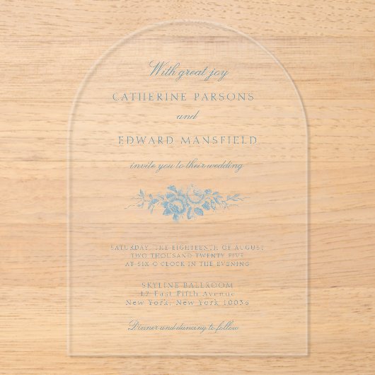 Klassieke Elegante Blauwe Bloemen Acryl Uitnodigingen (Voorkant)