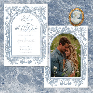 Klassieke Elegante Blauwe Boog Frame Foto Huwelijk Save The Date