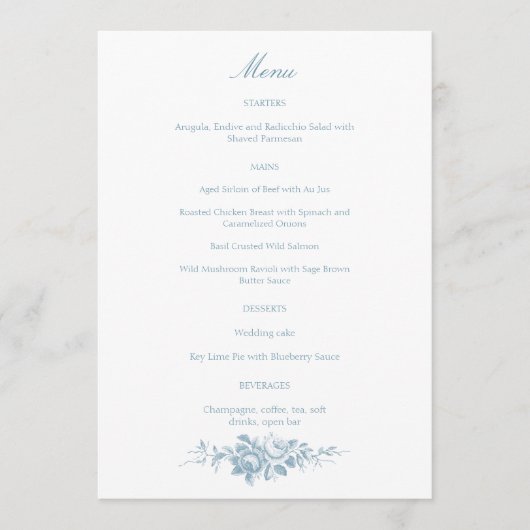 Klassieke Elegante Blauwe en Witte Bloemen Menu (Voorkant)