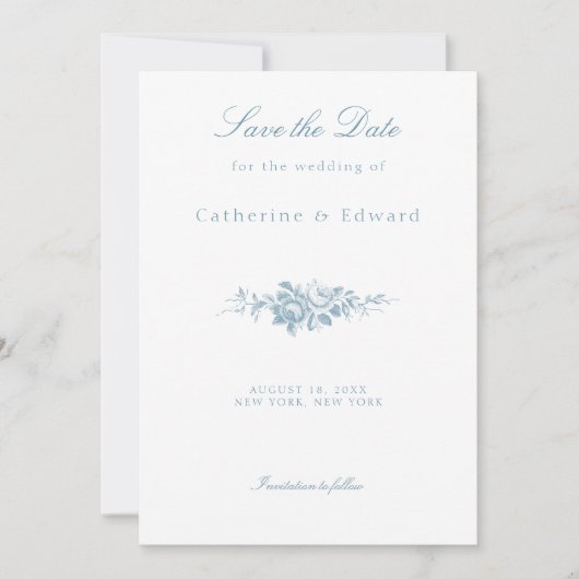 Klassieke Elegante Blauwe en Witte Bloemen Save The Date (Voorkant)