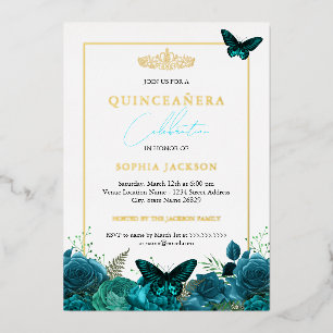Klassieke Elegante Blauwe Vlinder Foto Quinceanera Folie Uitnodiging