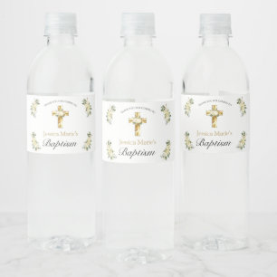 Klassieke Elegante Bloemen Goud Kruis Doop Waterfles Etiket