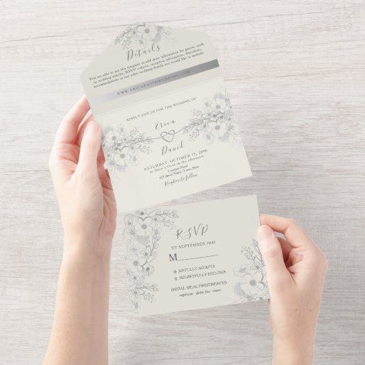 Klassieke Elegante  Bloemen Huwelijk All In One Uitnodiging (Afscheurbaar)