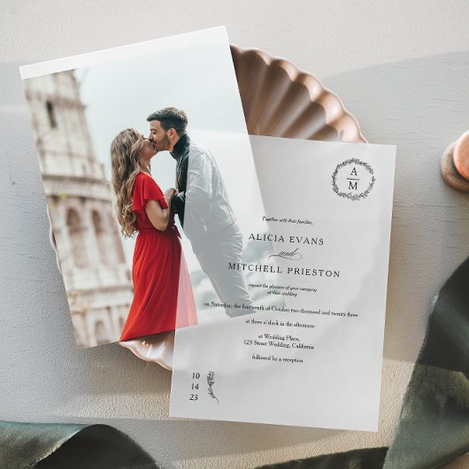 Klassieke Elegante Bloemen Monogram Huwelijk Vellum Uitnodigingen